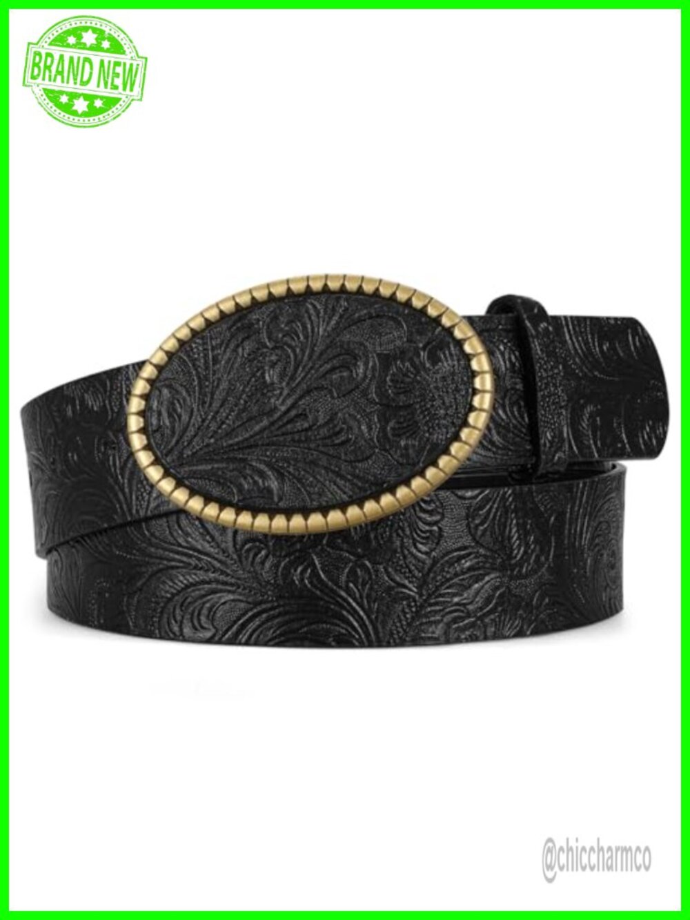 Western Floral Embossed PU Leather Belt Engraved Buckle